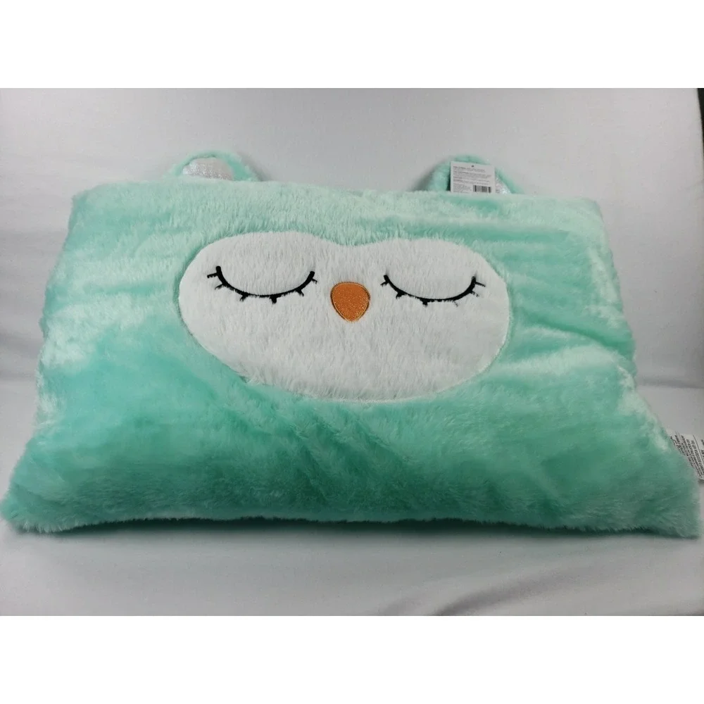 Owl Kids Bed Pillow Mint Green 16.5x24 Soft Fuzzy Plush Sleepy Face NWT